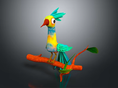 Vibrant Colorful Cartoon Parrot Perched On Orange Branch With Green Leaves 3d model