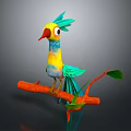 Vibrant Colorful Cartoon Parrot Perched On Orange Branch With Green Leaves