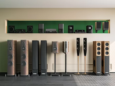 Headphones and Speakers Collection Featuring Various Designs Including Floor Standing and Bookshelf Models 3d model