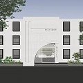 Modern Storefront Design With Gray Facade Arched Entrance And Windows Surrounded By Greenery