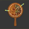 Freshly Baked Pizza On Wooden Paddle With Vegetable And Meat Toppings And Yellow Cutters