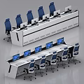 Modern White Control Room Consoles With Blue Chairs And Multiple Monitors