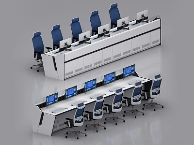 Modern White Control Room Consoles With Blue Chairs And Multiple Monitors 3d model