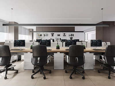 Bright Modern Public Office Space With Workstations Monitors And Pendant Lights 3d model