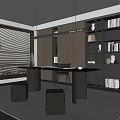 Modern Study Room With Wooden Shelves Spacious Desk Ergonomic Chair Window Blinds And Green Plant