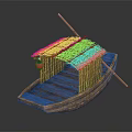 Traditional Wooden Boat with Thatched Roof Red Lantern and Paddle