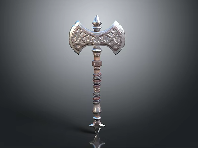 Silver Ornate Battle Axe With Intricate Carvings On Head And Textured Handle 3d model
