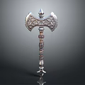Silver Ornate Battle Axe With Intricate Carvings On Head And Textured Handle