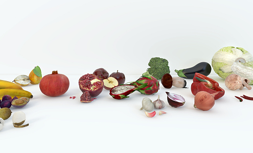 Modern Vegetables Fruit Vegetables Pear Banana Apple Pomegranate Dragon Fruit Broccoli Longan Eggplant Chinese Cabbage Pepper Garlic Mushroom 3d model