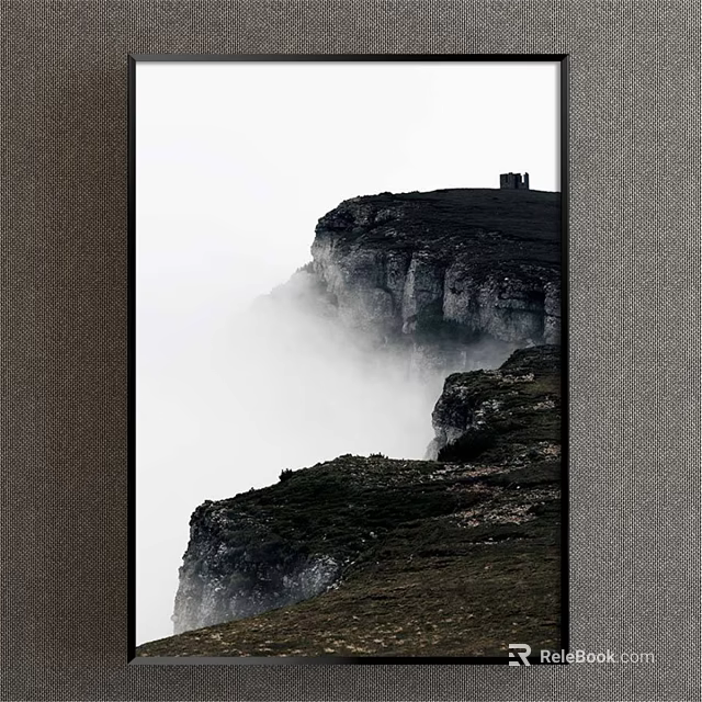Misty Cliff Landscape Painting With Rocky Terrain And Mountain Top Building 3d model 