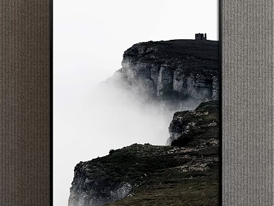 Misty Cliff Landscape Painting With Rocky Terrain And Mountain Top Building 3d model
