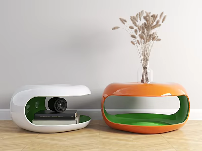 Modern Curved White And Orange Bedside Tables With Camera Books Vase And Dried Grass 3d model