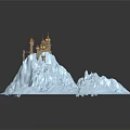 Castle Building On Snow Covered Mountain With Lit Towers And Illuminated Lights
