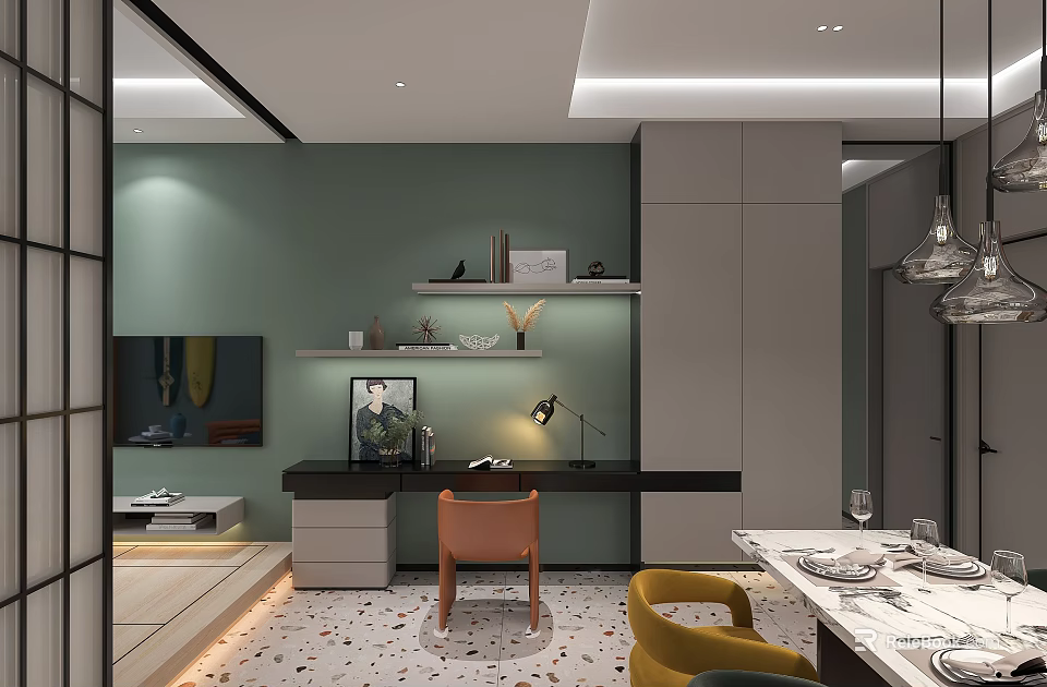 Modern Apartment Interior With Green Wall Study Desk Yellow Chairs And Dining Table 3d model 
