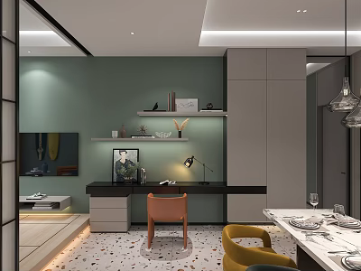 Modern Apartment Interior With Green Wall Study Desk Yellow Chairs And Dining Table 3d model