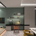 Modern Apartment Interior With Green Wall Study Desk Yellow Chairs And Dining Table