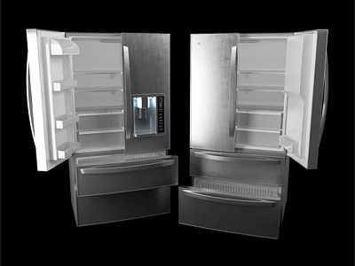 Double Door Stainless Steel Refrigerator Freezer With Open Shelves Drawers And Water Dispenser 3d model