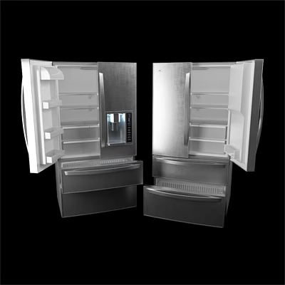 Double Door Stainless Steel Refrigerator Freezer With Open Shelves Drawers And Water Dispenser 3d model