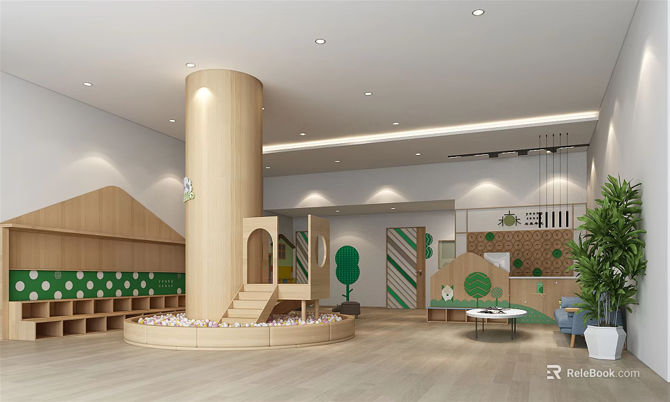 Bright Kindergarten Interior Design With Wooden Play Structure Staircase Round Table And Green Plants 3d model 
