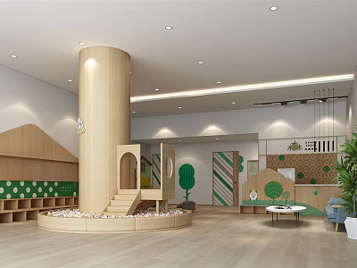 Bright Kindergarten Interior Design With Wooden Play Structure Staircase Round Table And Green Plants 3d model