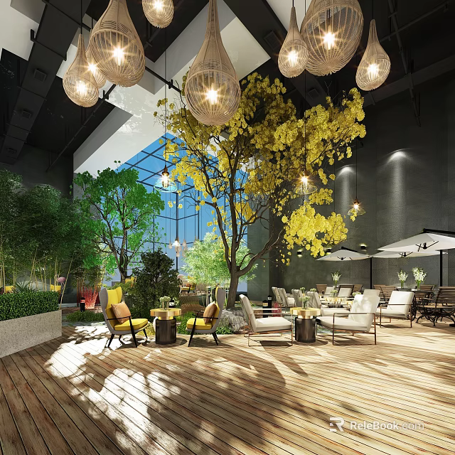 Bright Hotel Public Lounge Area With Hanging Lantern Lights Green Plants And Wooden Flooring 3d model 
