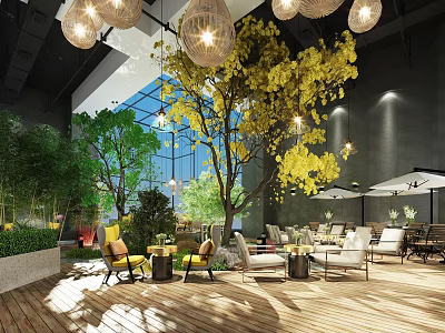 Bright Hotel Public Lounge Area With Hanging Lantern Lights Green Plants And Wooden Flooring 3d model
