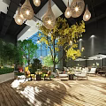 Bright Hotel Public Lounge Area With Hanging Lantern Lights Green Plants And Wooden Flooring