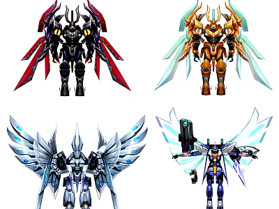 Colorful Mecha Characters With Unique Wings And Weapons In Various Designs 3d model