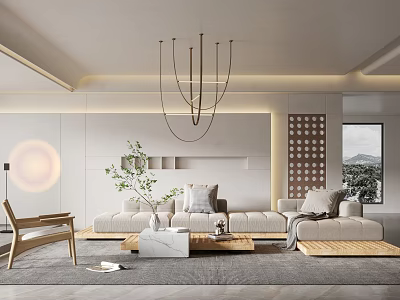 Modern Living Room Interior Design With White Sofa Wooden Chair Chandelier And Circular Decorative Wall 3d model