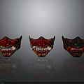 Three Red Traditional Demon Masks with Fierce Expressions and Decorative Patterns Representing Mythical Creature Roles