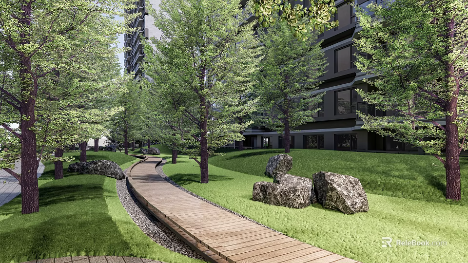 Tranquil Residential Landscape With Wooden Pathway Green Trees Rocks And Lawn 3d model 