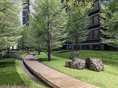 Tranquil Residential Landscape With Wooden Pathway Green Trees Rocks And Lawn 3d model