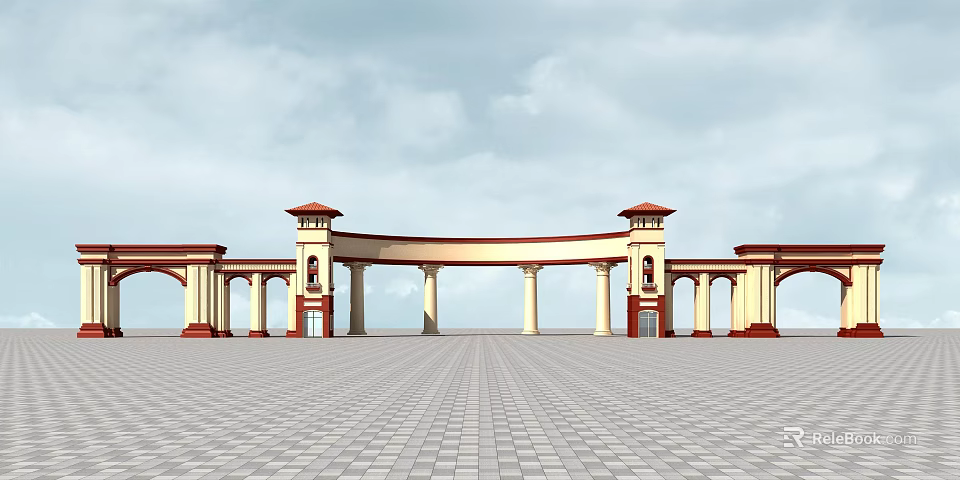 Classical Architectural Entrance Gate With Columns Towers Red Roofs And Paved Square 3d model 