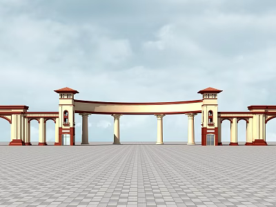 Classical Architectural Entrance Gate With Columns Towers Red Roofs And Paved Square 3d model