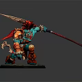 Detailed Blue Skinned Red Armored Spear Wielding Game Movie Character In Dynamic Stance