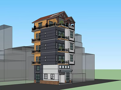 Modern Multi Story Building With Red Roof Yellow Grey White Facade Balconies And Windows 3d model