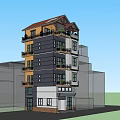 Modern Multi Story Building With Red Roof Yellow Grey White Facade Balconies And Windows
