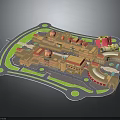 Large Building Complex with Multiple Structures Green Grassland Circular Areas and Connected Paths
