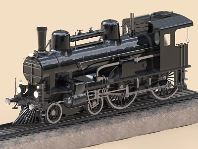 Vintage Black Steam Locomotive On Railway Track 3d model