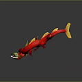 Vibrant Red Yellow Mythical Dragon Fish Creature With Scaled Body And Curved Fishtail