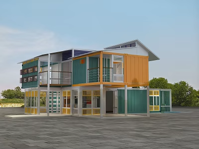Modern Container Detached Villa With Two Story Colorful Exterior And Balcony 3d model