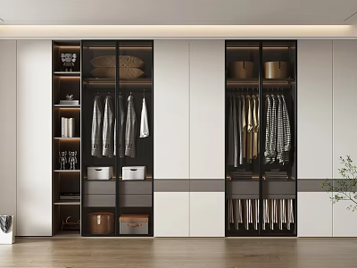 Modern Wardrobe Interior Design With Glass Doors Hanging Rods And Storage Shelves 3d model