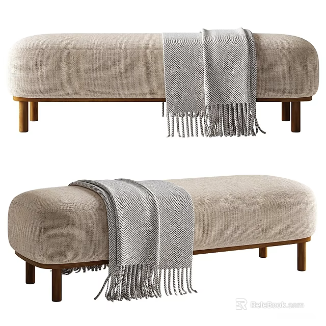 Beige Linen Sofa Bench With Gray Knit Throw And Wooden Legs 3d model 