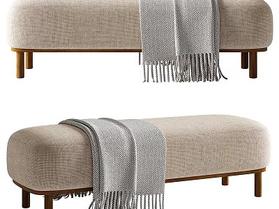Beige Linen Sofa Bench With Gray Knit Throw And Wooden Legs 3d model