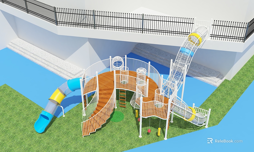 Fun Children's Play Area With Slide Staircase White Railings And Wooden Floor 3d model 