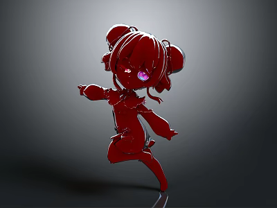 Red Cartoon Character with Pigtails and Purple Eyes in Dancing Pose 3D Stylized Illustration 3d model