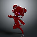 Red Cartoon Character with Pigtails and Purple Eyes in Dancing Pose 3D Stylized Illustration
