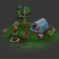 Outdoor Camping Furniture With Red Chair Small Table And Green Grass