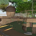 Children's Play Area In Natural Setting With Green Trees Plants Dome Structures And Stream