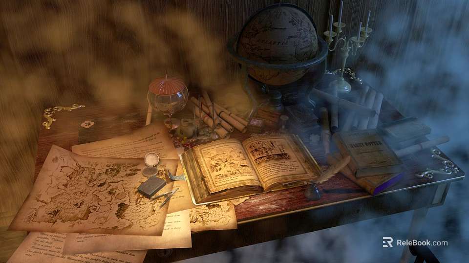 Vintage Open Book with Old Maps Globe and Candles on Wooden Table 3d model 